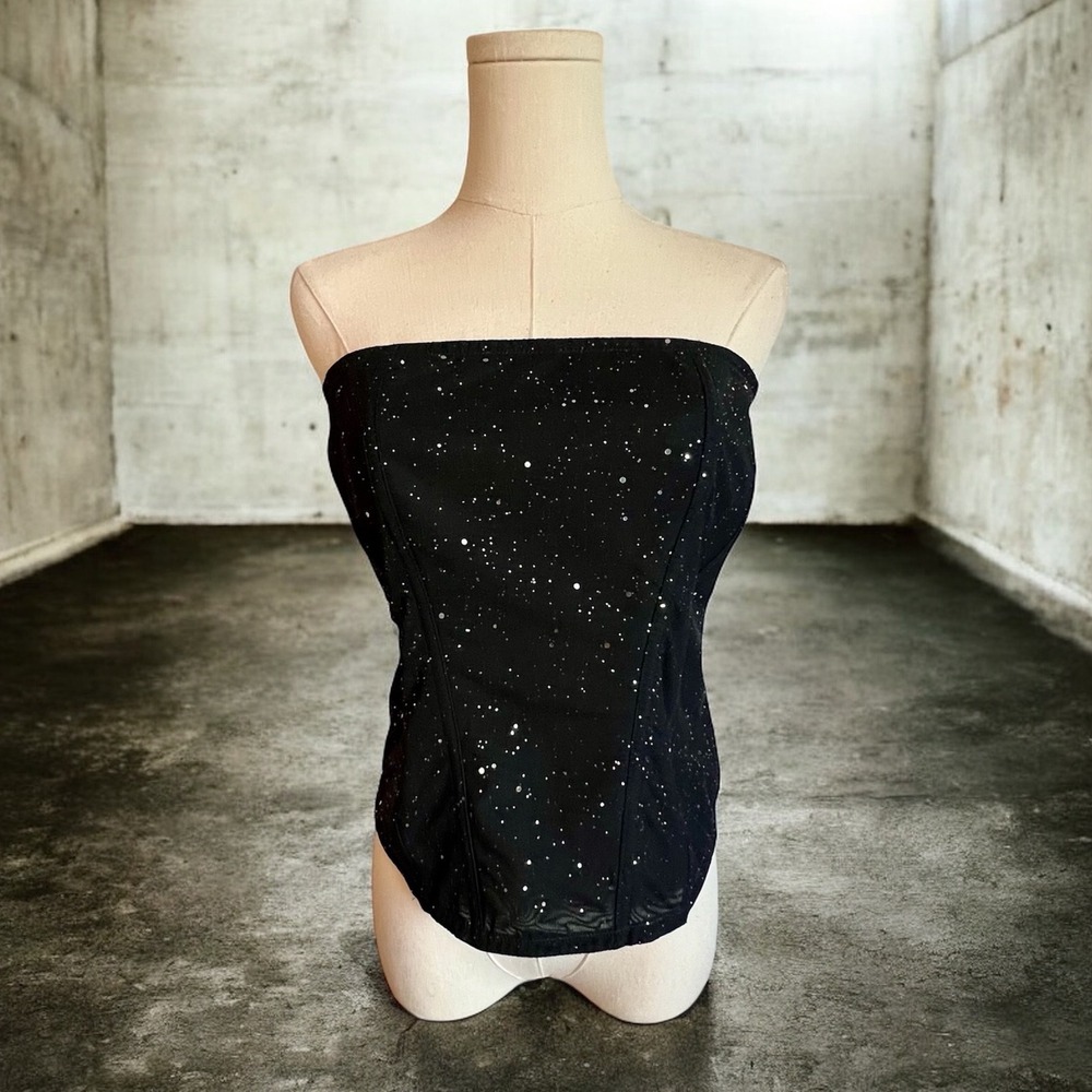 Auden Black Glitter Mesh Corset Tube Top Strapless Hook and Eye Boned Bodice